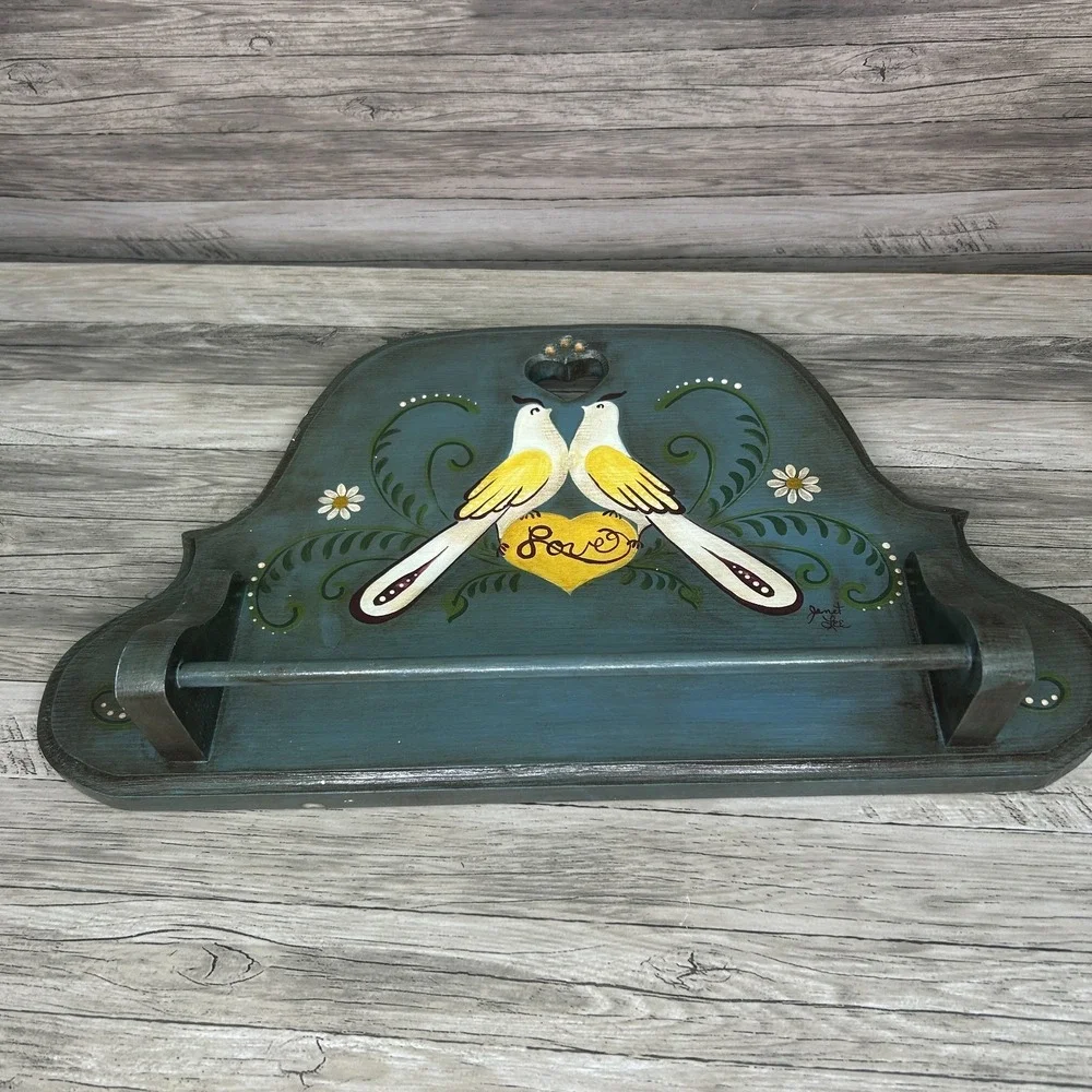 Wood Heart Hand Towel Rack Country Rustic Cottage‎ Love Birds Painted Decor Rack
